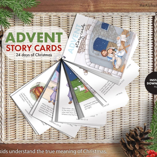 CHRISTMAS ADVENT Story Cards NATIVITY Bible Church Homeschool Sunday Activity calendar Digital Printable Come Follow Me Jesus Religious kids