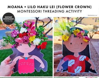 FLOWER THREADING Montessori Activity printable kids toddler activities preschool worksheet fine motor skills lesson Moana Lilo Haku Leis