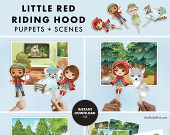 Le petit chaperon rouge, marionnettes et scènes, feuilles de travail imprimables pour les enfants d'âge préscolaire, activité pour les tout-petits, programme d'enseignement préscolaire à la maison, apprentissage de la lecture, loup