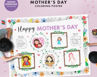 Cartel gigante para colorear del DÍA DE LA MADRE IMPRIMIBLE mamá regalo del día de la madre diy niños mamá retrato para colorear tarjeta de página