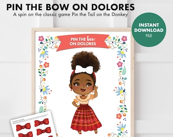 Jeu d'épingles sur la queue pour fête d'anniversaire pour enfants ENCANTO ; Fichier numérique imprimable Cinco de Mayo Pin the Bow on Dolores en téléchargement immédiat