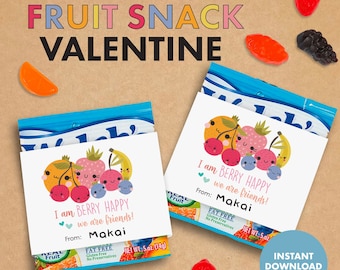 Fruit Snack PRINTABLE VALENTINE I Am Berry Happy We Are Friends Valentine's Day Kids Party Classroom Gift Party Favor card healthy