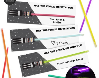 Star Wars LIGHTSABER Party Favors printable Non-Candy valentine Kids Party Gift Treat Jedi treat tag pencil wrap glow stick editable Canva