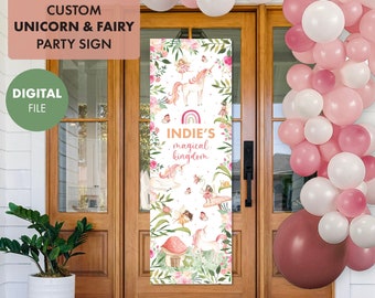CUSTOM Unicorn & Fairy Kids Birthday Party Sign Door Poster Decoration Decor personalized enchanted forest welcome sign banner whimsical