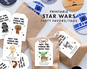 STAR WARS Party Favor Tags Birthday Decorations Decor Instant Digital Download Printable yoda lightsaber jedi darth vader May the Fourth Tag