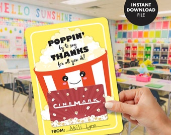 Movie Theater TEACHER APPRECIATION Week Gift Card Holder Thank You Employee staff Printable Instant Download Gift Tag pto pta cinema popcorn