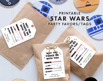 STAR WARS LIGHTSABER Party Favor Tags Birthday Decorations Decor Instant Digital Download Printable yoda jedi may the force be with you
