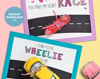 Car Truck Skateboard PRINTABLE VALENTINE Skate Wheelie Valentine's Day Kids Party Classroom Gift Party Favor card non candy truck