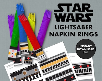 STAR WARS Party Lightsaber Napkin Rings Kids Birthday Decorations Decor Printable Yoda food labels table cards Darth Vader Jedi Light Saber