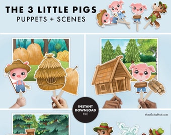 Three Little Pigs Big Bad Wolf PUPPETS & SCENES Printable preschool worksheets toddler activity Pre-K homeschool curriculum learning reading