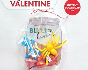 Bugs & Kisses PRINTABLE VALENTINE  Valentine's Day Kids Party Classroom Gift Treat Party Favor class primary church gift card