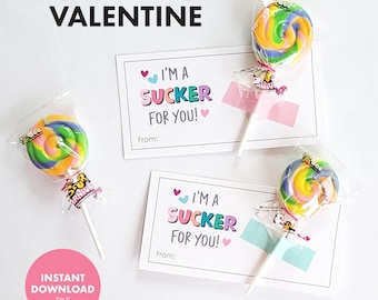 Lollipop PRINTABLE VALENTINE Valentine's Day Card Kids Party Classroom Gift Party Favor label sucker candy easy simple