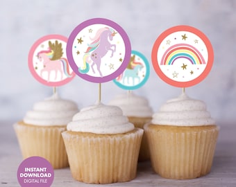 UNICORN Cupcake Toppers Kids Birthday Party printable digital file girls birthday purple pink rainbow stickers party favor tags