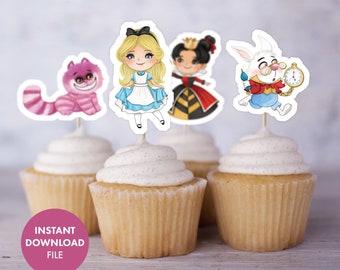 ALICE IN WONDERLAND Kids Birthday Cupcake Cake Toppers Digital Download Printable Party Favor Tags Party Decoration Tea Party