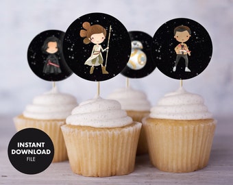 STAR WARS Kids Birthday Cupcake Cake Toppers Treat Bag Digital Download Printable Party Favor Tags Decoration Force Awakens Rey Kylo Ren