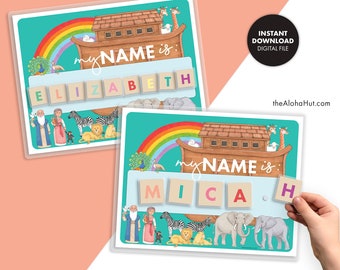 NAME SPELLING Printable Activity Pages Kids Lesson Help Christian Quiet Book Sunday School toddler Bible homeschool religious Noah's Ark