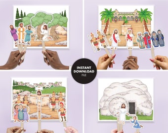 EASTER STORY Puppets & Scenes Kids Activity Bible Church Homeschool Sunday Digital Printable Come Follow Me Jesus New Testament Christian