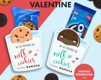 Milk & Cookies PRINTABLE VALENTINE Valentine's Day Kids Party Classroom Gift Party Favor card label