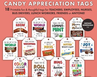 CANDY THANK YOU Tags Teacher Appreciation Week Staff Employee Student Nurse Bus Driver Printable pto pta gift digital labels treat