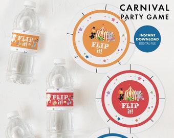 CARNIVAL CIRCUS Flip It Game + Sign Kids Birthday Party printable digital decor party games summer school pta pto fair bottle flip