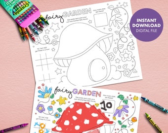 FAIRY GARDEN Activity Page Kids Birthday Party Placemat Decorations Decor Games Digital Printable whimsical enchanted forest coloring page