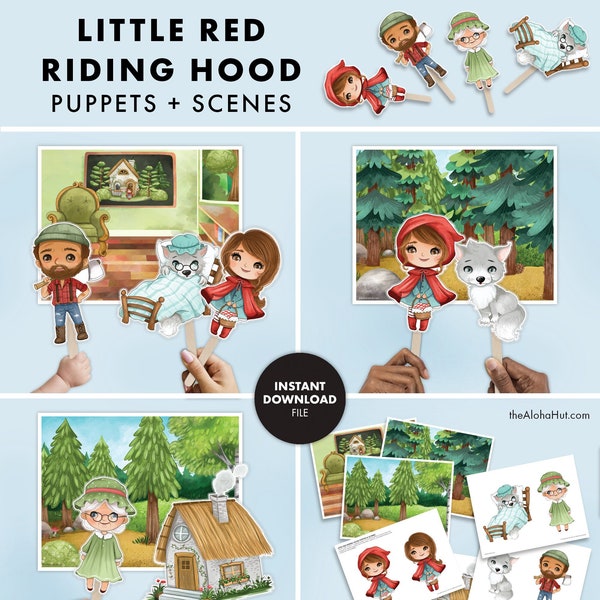 Little Red Riding Hood PUPPETS & SCENES Printable preschool worksheets toddler activity Pre-K homeschool curriculum learning reading wolf