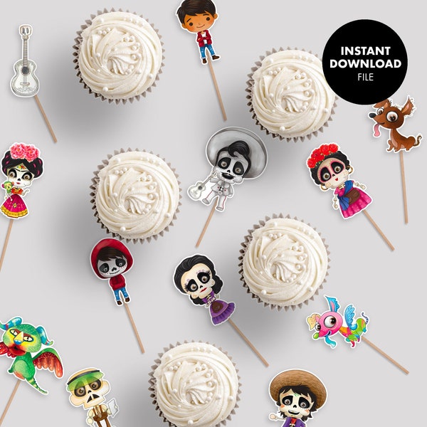 COCO Day of the Dead Cupcake Cake Toppers Digital Download Printable Party Decoration sugar skull birthday Halloween skeleton