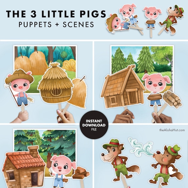 Three Little Pigs Big Bad Wolf PUPPETS & SCENES Printable preschool worksheets toddler activity Pre-K homeschool curriculum learning reading