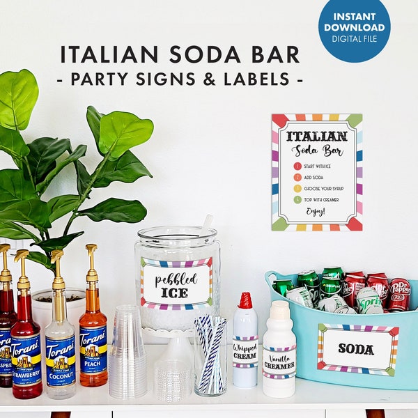 ITALIAN SODA BAR Party Signs Food Labels Cards Carnival Circus Kids Birthday Decorations Decor printable digital summer food table