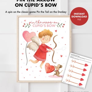 VALENTINE'S DAY Kids Party Game Pin the Tail games Pin the Arrow on Cupid's Bow Toddler Preschool School Activity Classroom Valentine image 1