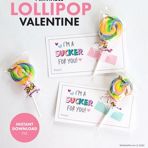 Lollipop PRINTABLE VALENTINE Valentine's Day Card Kids Party Classroom Gift Party Favor label sucker candy easy simple image 2