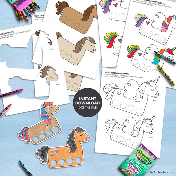 Paper FINGER PUPPETS Horse & Unicorn printable classroom party preschool toddler activities fine motor skills worksheets party activity