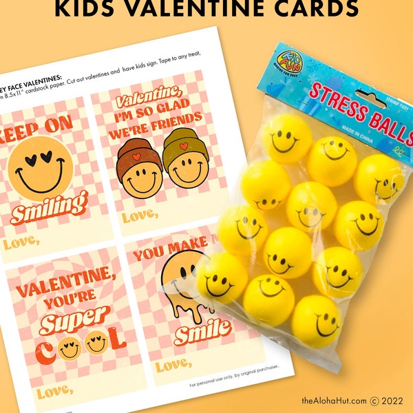 Retro Smiley PRINTABLE VALENTINE Labels Cards Kids Valentine's Day Party Classroom Gift Treat class vintage smiley face groovy hippie tag