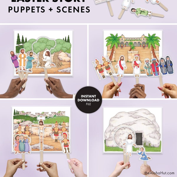 EASTER STORY Puppets & Scenes Kids Activity Bible Church Homeschool Sunday Digital Printable Come Follow Me Jesus New Testament Christian