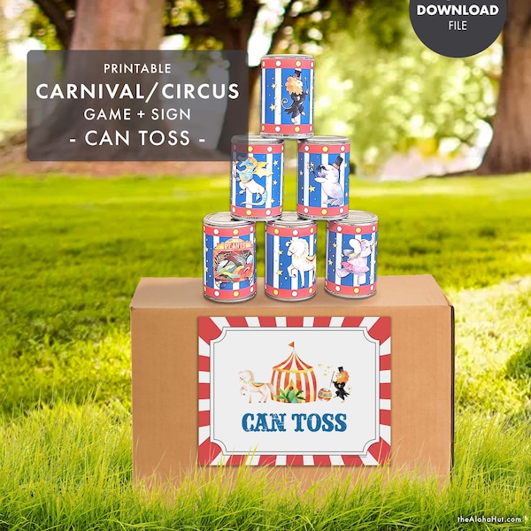 CARNIVAL CIRCUS Can Toss Game + Sign Kids Birthday Party printable digital decor party games summer school pta pto fair