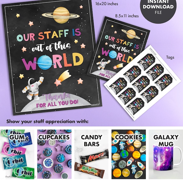 Galaxy Themed TEACHER APPRECIATION Thank You Tags Sign Poster Staff Printable Printable gift nurse week school employee Out of this World