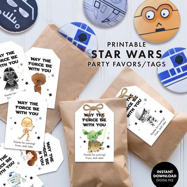 STAR WARS Party Favor Tags Birthday Decorations Decor Instant Digital Download Printable yoda lightsaber jedi darth vader