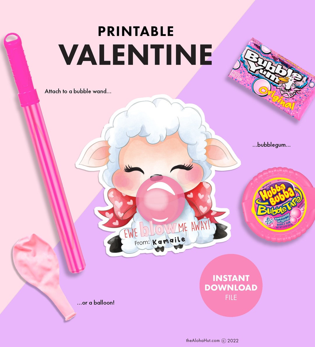 Bubblegum Bubbles Balloon PRINTABLE VALENTINE Valentine's Day Card Kids