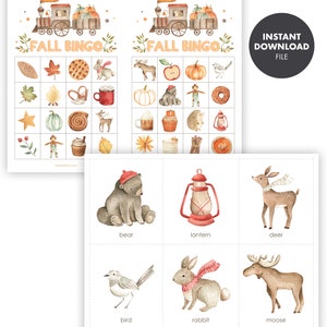 FALL BINGO Thanksgiving Game Kids Party Instant Download Printable Digital File woodland animals birthday image 3