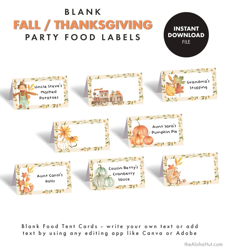 FALL THANKSGIVING Party Food Labels Cards Decorations Decor Food Tents Download Printable pumpkin orange brown woodland creatures animals image 1