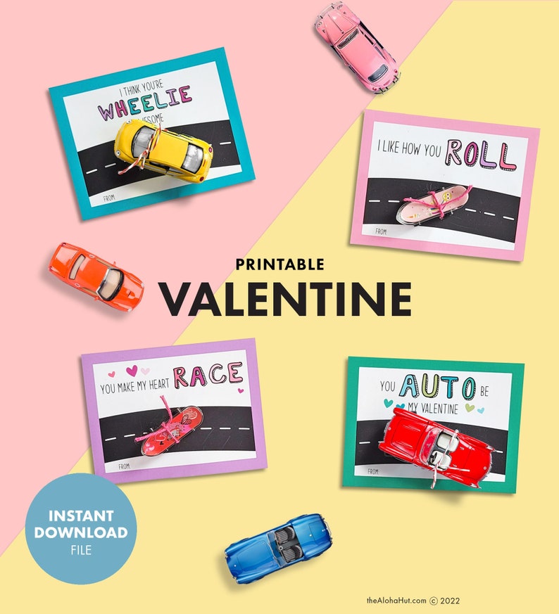 Car Truck Skateboard PRINTABLE VALENTINE Skate Wheelie Valentine's Day Kids Party Classroom Gift Party Favor card non candy truck image 2