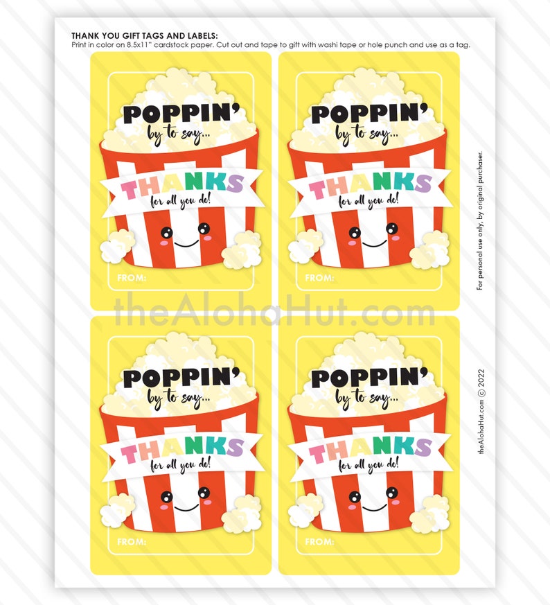 Popcorn Thank You Gift Tag Teacher Appreciation Week Staff Etsy
