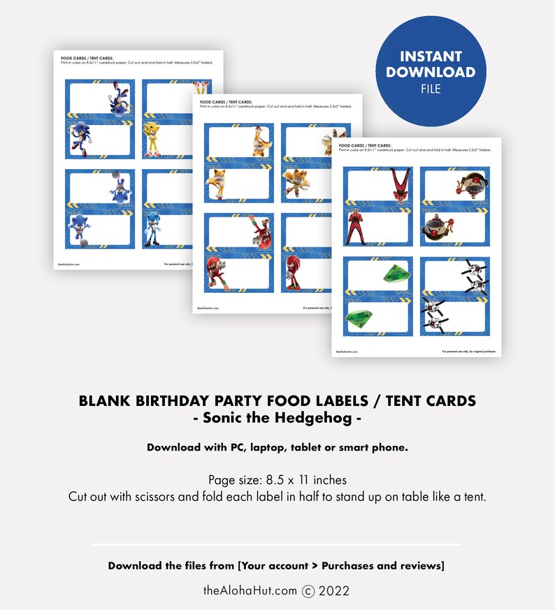 SONIC the Hedgehog Party Food Labels Cards Kids Birthday Etsy