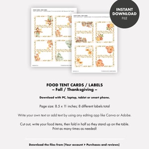 FALL THANKSGIVING Party Food Labels Cards Decorations Decor Food Tents Download Printable pumpkin orange brown woodland creatures animals image 4