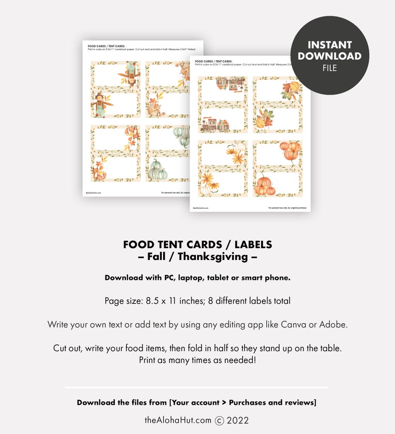 FALL THANKSGIVING Party Food Labels Cards Decorations Decor Food Tents Download Printable pumpkin orange brown woodland creatures animals image 4