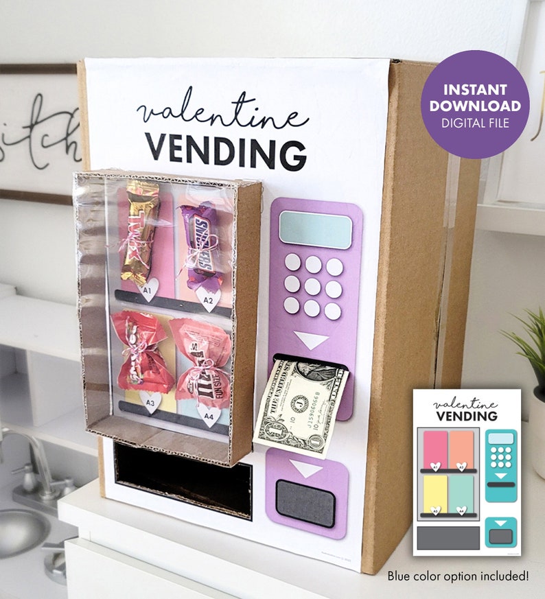 Vending Machine VALENTINE'S DAY BOX printable diy Kids Classroom Party class party school Valentine purple blue girls boys image 1