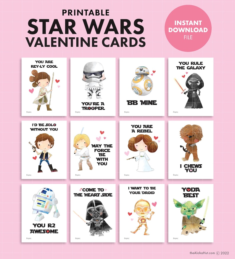 Star Wars PRINTABLE VALENTINE Valentine's Day Kids Party Classroom Gift Treat tag label Yoda Darth Vader Rey R2D2 Lightsaber Trooper image 1