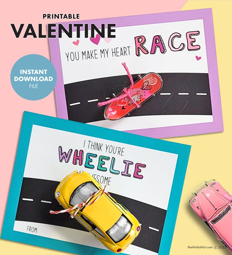 Car Truck Skateboard PRINTABLE VALENTINE Skate Wheelie Valentine's Day Kids Party Classroom Gift Party Favor card non candy truck image 1