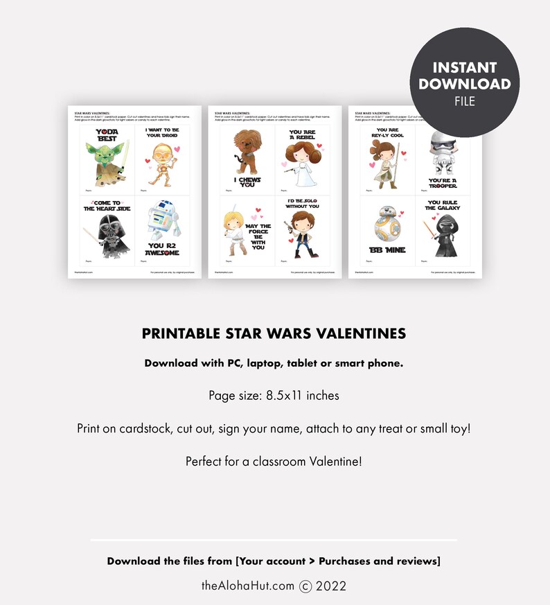 Star Wars PRINTABLE VALENTINE Valentine's Day Kids Party Classroom Gift Treat tag label Yoda Darth Vader Rey R2D2 Lightsaber Trooper image 5