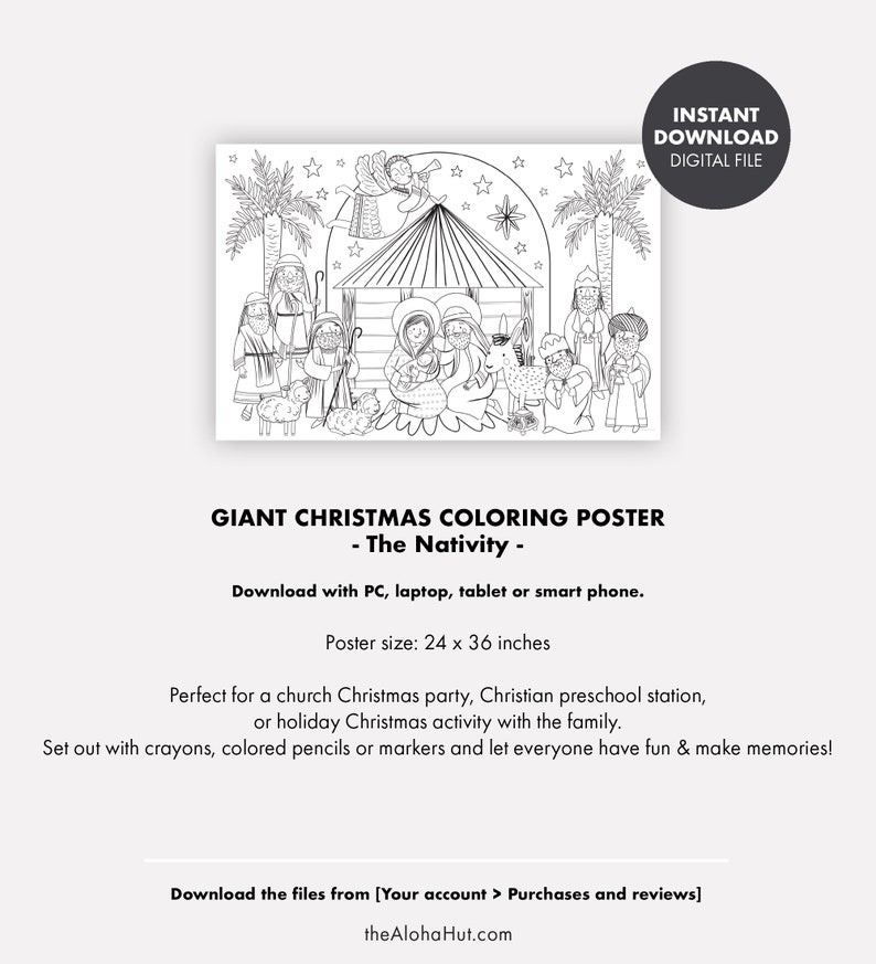 GIANT NATIVITY CHRISTMAS Coloring Poster or Table Cover Jesus Christian Religious party preschool family toddler activity printable decor image 4